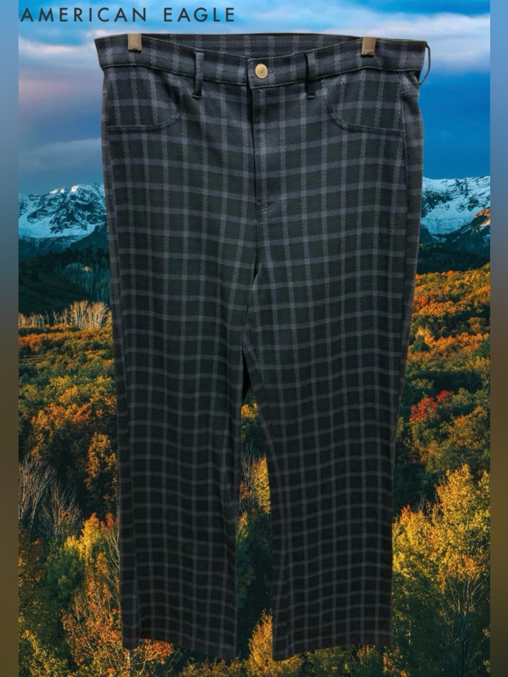 AEO 2021 Dark Blue & Green Plaid Super High-Rise Flare Pants Size 12 Long